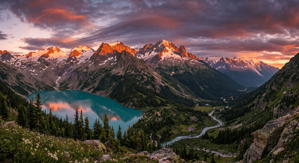 Snow-covered mountain peaks illuminated by sunset next to a turquoise lake with surrounding forest and river valley