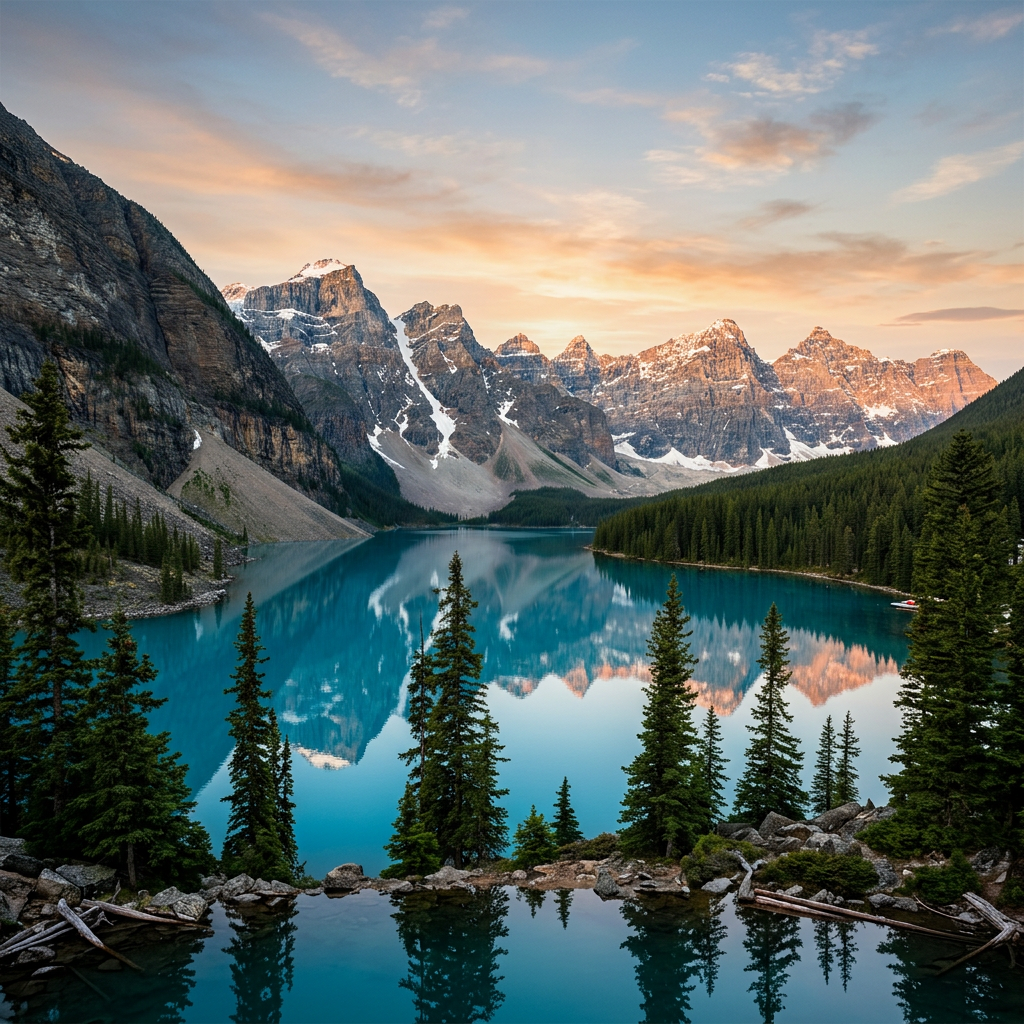 Clear blue alpine lake with reflection of snow-capped mountains and pine trees at sunset